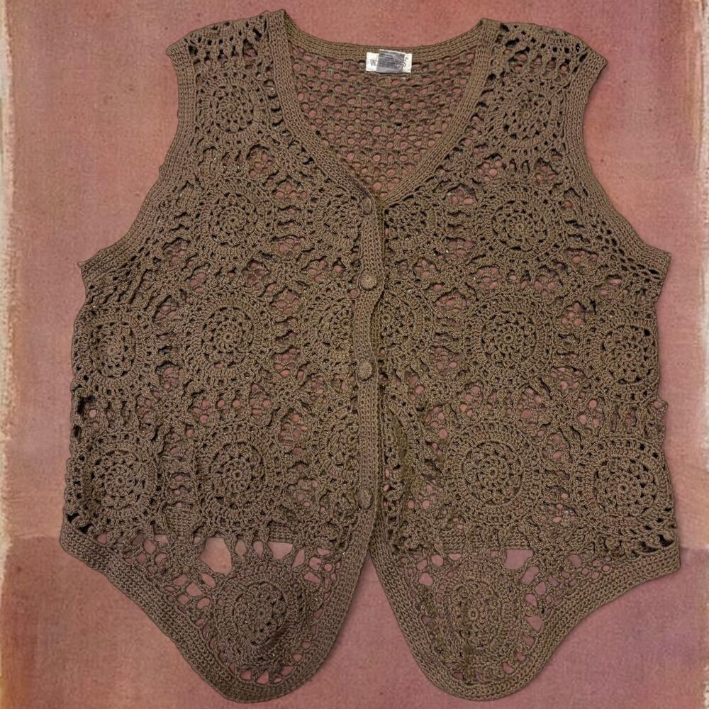 Y2K Whimsigoth Festival Rave Hippie Cotton Crochet Vest Buttons Up the Front